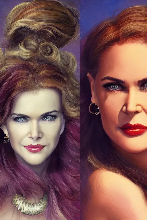 Image similar to mix of beautiful young maria shriver, mariel hemmingway, brooke shields, nicole kidman and elle macpherson as a snake girl with fangs, thin lips, hair tied up in a pony tail, dark blonde hair, colorful, artstation, cgsociety