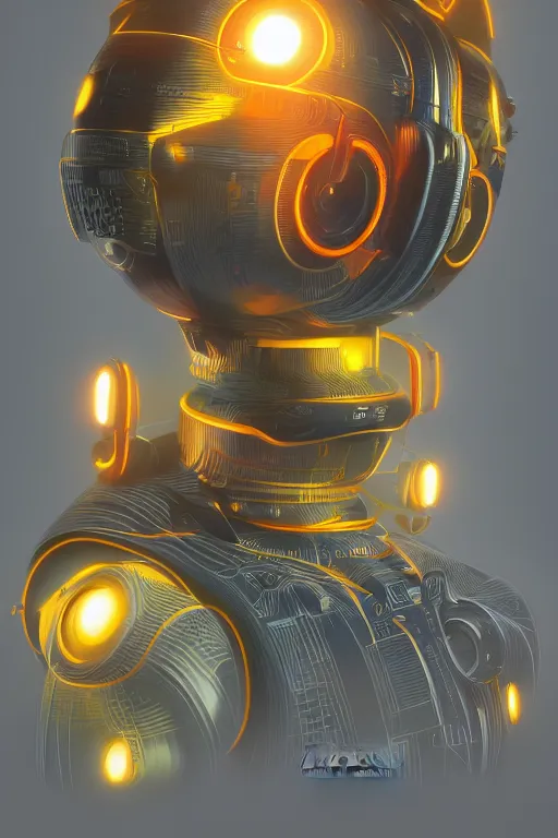 Prompt: ultradetailed retro-futurist illustration of an ornate robot radiating glowing color, digital airbrush painting, 3d rim light, hyperrealistic masterpiece, artstation, cgsociety, golden ratio