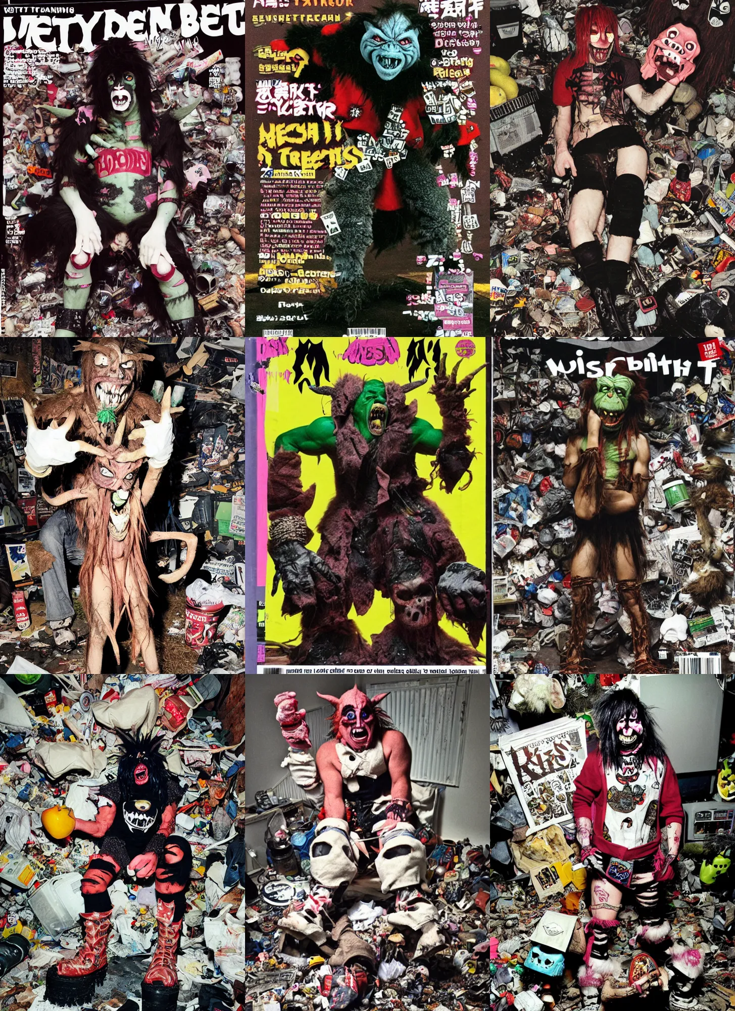 Prompt: photo of goblin goblin orc wearing ripped up dirty Swear kiss monster teeth yeti platform boots in the style of Ryan Trecartin in the style of 1990's FRUiTS magazine 20471120 by Walter Van Beirendonck W&LT in japan in a dirty dark dark dark poorly lit bedroom full of trash and garbage server racks and cables everywhere in the style of Juergen Teller in the style of Shoichi Aoki, japanese street fashion, KEROUAC magazine, Walter Van Beirendonck W&LT 1990's, Vivienne Westwood, y2K aesthetic