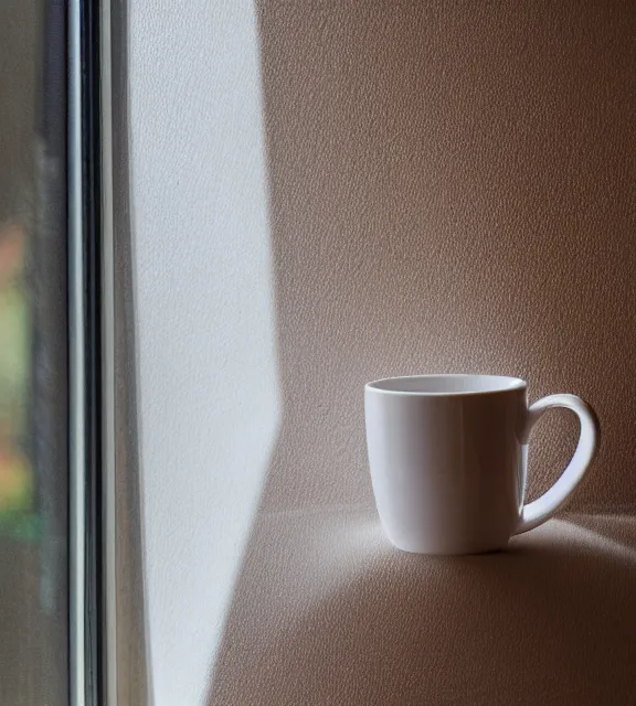 Image similar to a 4 k photorealistic photo close up of a mug on a sunny windowsill.