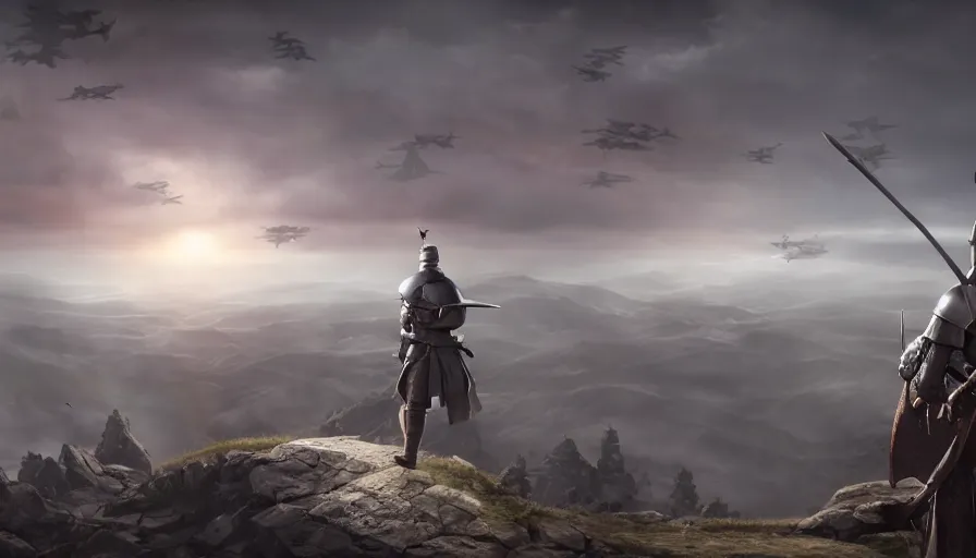 Image similar to medieval soldier atop a ridge looking over a vast medieval kingdom rule by an evil king. the soldier is ready for battle. his trusted dragon circles overhead. it is a somber morning. death is close. prepare for battle. mist, epic, cinematic, volumetric lighting, symmetry, fantasy style, highly - detailed, unreal 5, realism,