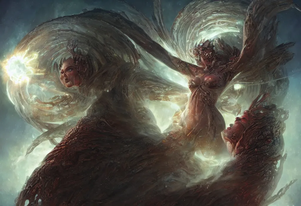 Image similar to an ancient alien female momument staring into space at a supernova, queen of blades, diablo 4 lilith, by dorian cleavenger, by greg rutkowski, by wlop, by astri lohne, by zdzisław beksinsk
