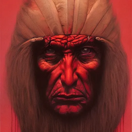 Image similar to Angry Native American Chieftain portrait, dark fantasy, red, artstation painted by Zdzisław Beksiński and Wayne Barlowe