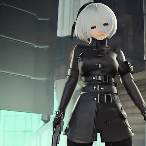 Prompt: Screenshot of 2B (Nier Automata) as an Overwatch hero, in-game, gameplay