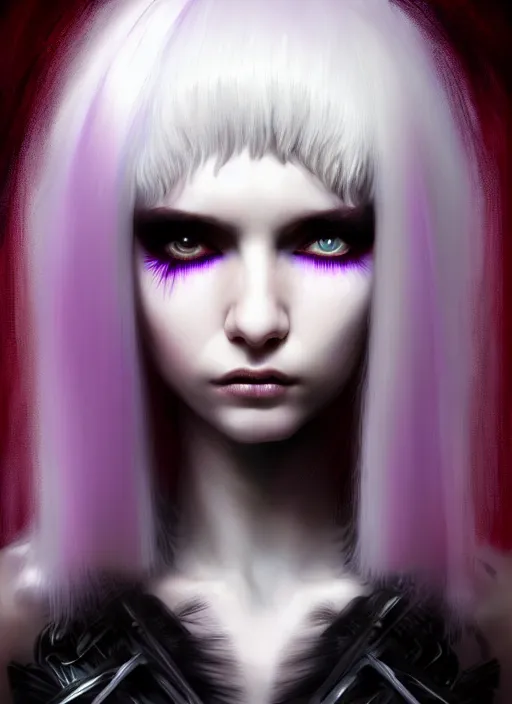 Image similar to hair whitebangs hair, black cyberlox, portrait of normal teenage girl, white bangs, messy bangs, fluffy bangs, cyberlox, whitebangs, red irises, purple background, intricate, elegant, highly detailed, digital painting, artstation, concept art, sharp focus, smooth, illustration, art by wlop, mars ravelo and greg rutkowski