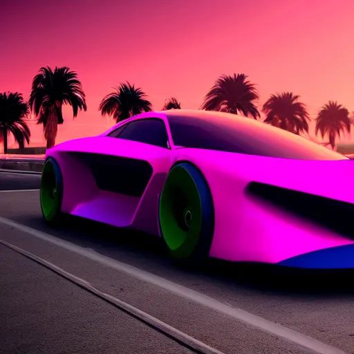 Image similar to neon synthwave f 1 2 2 concept car, at sunset, 8 k. filling most of the view