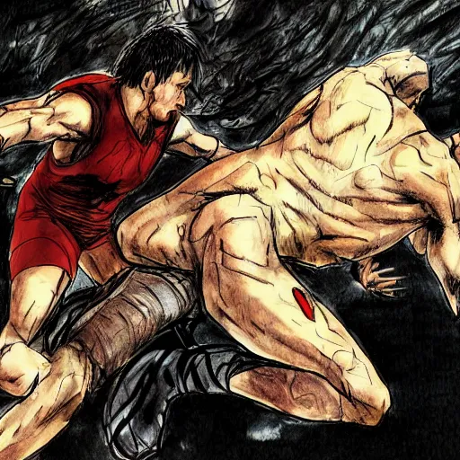 Prompt: one hero wrestling against a lion in the middle of an arena, crowd of people, pencil art, added detail, high definiton, colored, aerial view, blood, yoji shinkawa