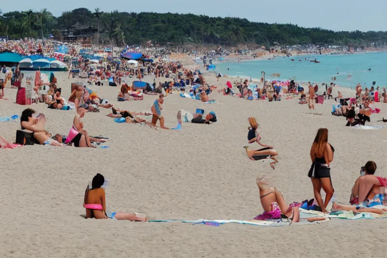 Prompt: a wide shot of women at the beach