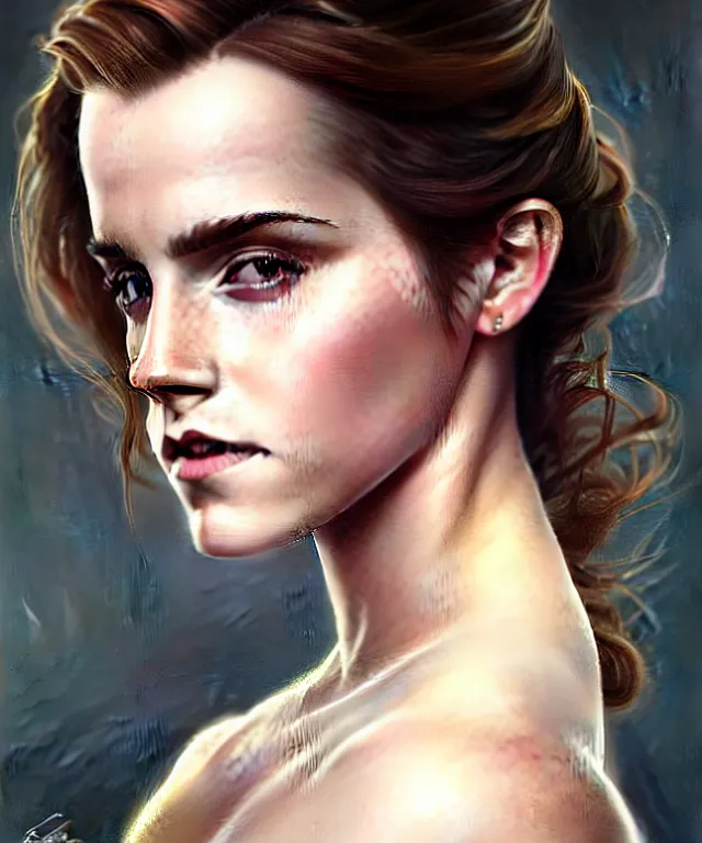 Image similar to Emma watson elegant dancer woman portrait, sci-fi, amber eyes, face, long hair, fantasy, intricate, elegant, highly detailed, digital painting, artstation, concept art, smooth, sharp focus, illustration, art by artgerm and greg rutkowski and alphonse mucha