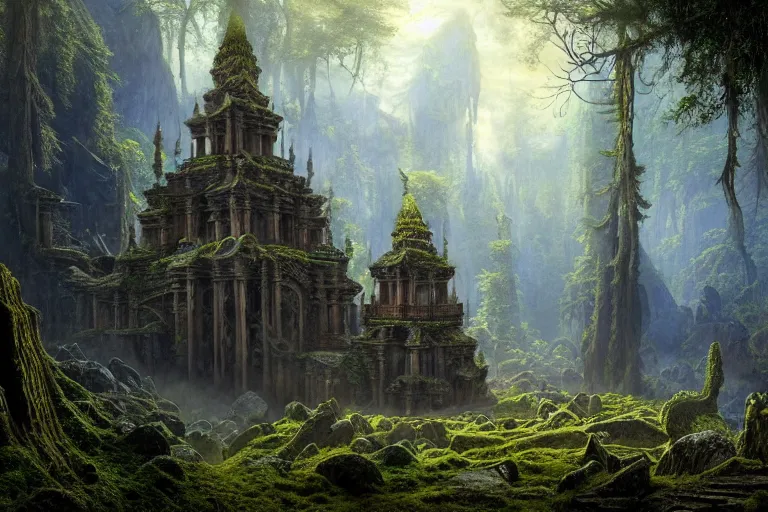 Image similar to a beautiful and highly detailed matte painting of a lost temple in a mystical forest high in the mountains, psychedelic, celtic, intricate details, epic scale, insanely complex, 8 k, sharp focus, photorealism, artstation, cgsociety, by caspar friedrich, albert bierstadt, james gurney, brian froud,