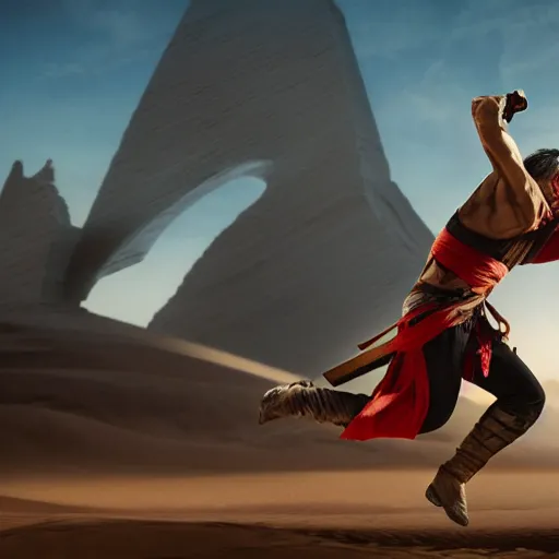 Image similar to Ninja warrior dashing through a ruined city, dune style, epic, cinematic, light effect, volumetric lighting, cinematic, soft lights, golden ratio, hyper detail, ultra HD, Octane,