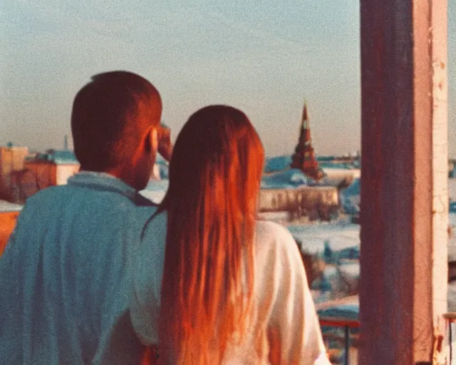 Image similar to lomo photo of pair standing on small hrushevka balcony full with cigarette smoke in small russian town looking at sunset, cinestill, bokeh