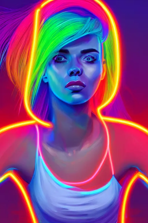 Prompt: a award winning half body portrait of a beautiful woman with stunning eyes in a croptop and cargo pants with rainbow colored ombre hairstyle head in motion and hair flying by thomas danthony, outlined by whirling illuminated neon lines, outrun, vaporware, shaded flat illustration, digital art, trending on artstation, highly detailed, fine detail, intricate