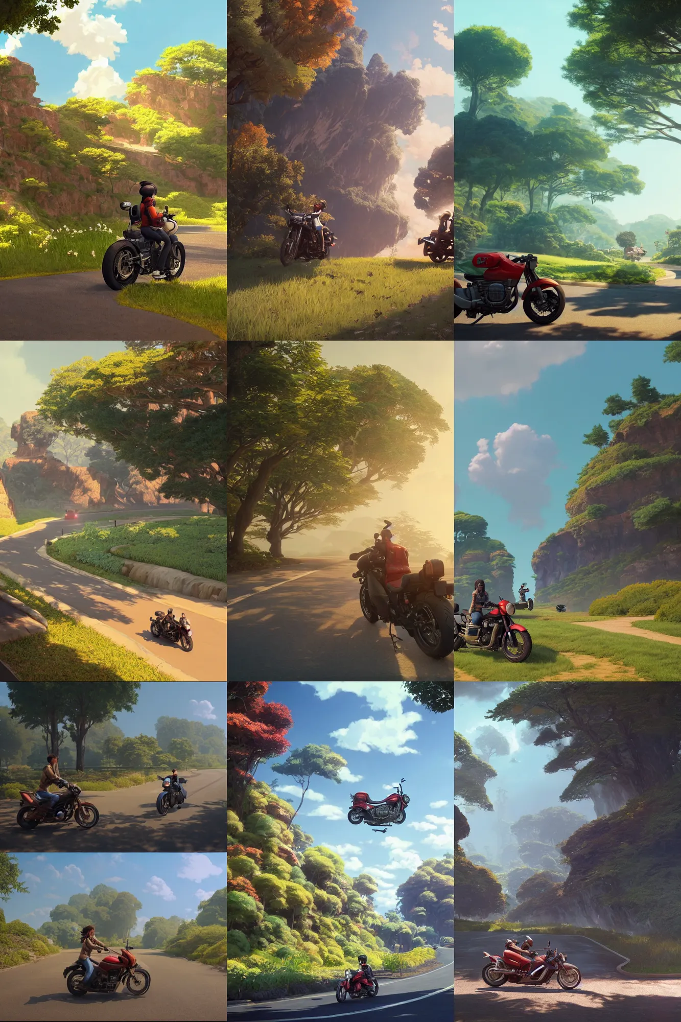 Prompt: a wholesome motorcycle ride across beautiful scenery, studio Ghibli, Pixar and Disney animation, sharp, Rendered in Redshift and Unreal Engine 5 by Greg Rutkowski, Bloom, dramatic lighting