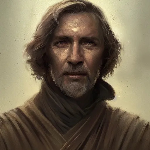 Image similar to portrait of a man by greg rutkowski, jedi master col skywalker, short messy hair, wearing jedi robes, star wars expanded universe, highly detailed portrait, he is about 5 0 years old, digital painting, artstation, concept art, smooth, sharp foccus ilustration, artstation hq