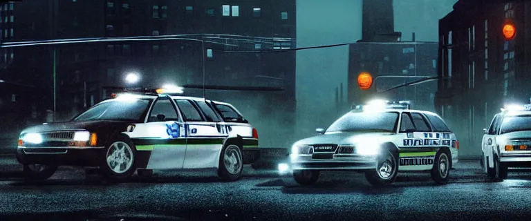 Image similar to NYPD Ford P71 Crown Victoria (2002) police cars chasing a Audi A4 B6 Avant (2002), a gritty neo-noir, dramatic lighting, cinematic, establishing shot, extremely high detail, photorealistic, cinematic lighting, artstation, by simon stalenhag, Max Payne (PC) (2001) winter new york at night, eldritch horror