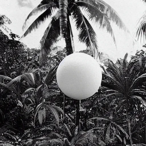 Image similar to a rizom lost film footage of a ( ( ( ( ( ( ( ( sphere ) ) ) ) ) ) ) ) in the middle of the tropical jungle / tropicalism / film still / cinematic / enhanced / 1 9 2 0 s / black and white / grain