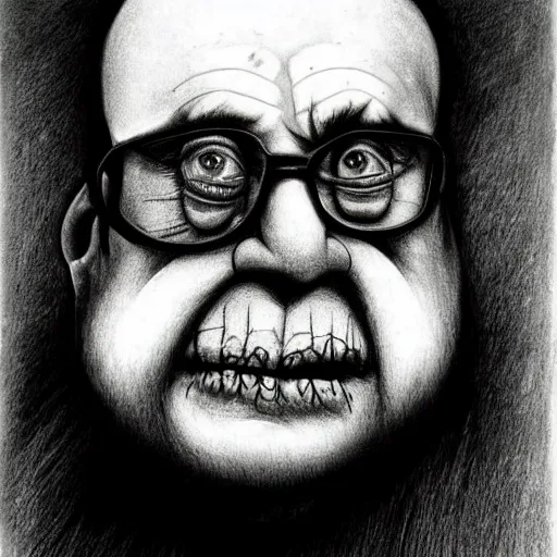 Image similar to grunge drawing of Danny DeVito by - Zdzisław Beksiński , corpse bride style, horror themed, detailed, elegant, intricate