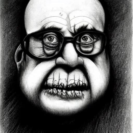 Prompt: grunge drawing of Danny DeVito by - Zdzisław Beksiński , corpse bride style, horror themed, detailed, elegant, intricate