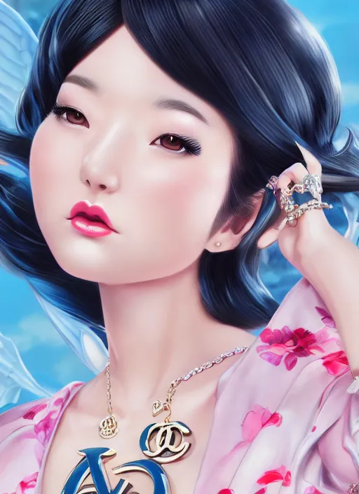 Image similar to a pin up and beautiful fashion dreamlke japan girl with lv jewelry, character art, art by artgerm, wlop, loish, hyperdetailed, 8 k realistic, symmetrical, global illumination, radiant light, frostbite 3 engine, cryengine, dof, trending on artstation, digital art, chanel, dior, detailed background