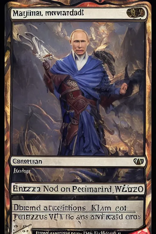 Prompt: a photo showing a magic the gathering card in it's full glory, depicting vladimir putin as a wizzard, 8 k, ultra realistic,
