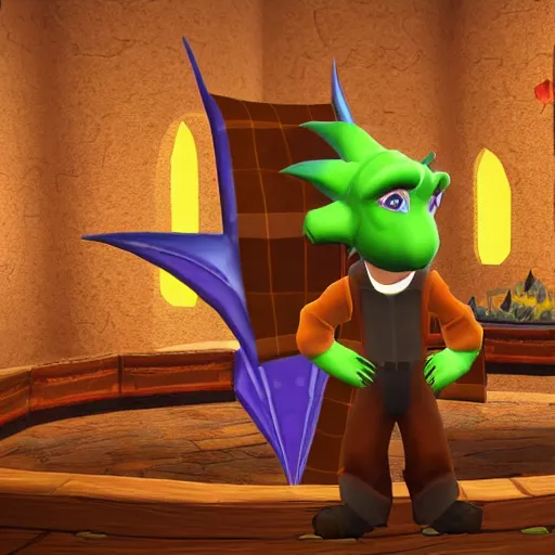 Prompt: screenshot of a cute humanoid inspector dragon with a brown trenchcoat as an npc in spyro the dragon video game, with playstation 1 graphics, activision blizzard, upscaled to high resolution