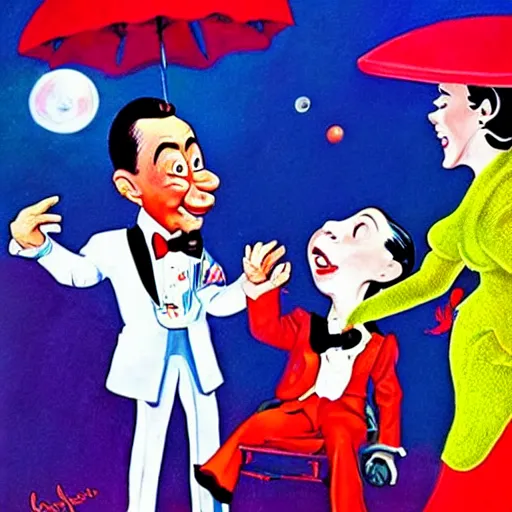 Prompt: beautiful lifelike painting of peewee herman partying with mary poppins on pluto, hyperreal detailed facial features and uv lighting, art by ed roth and basil wolverton