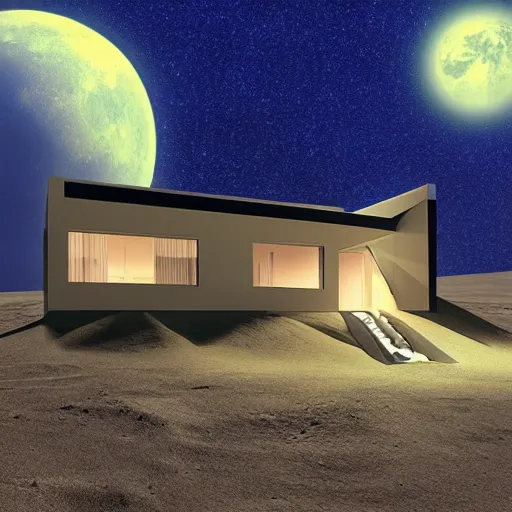 Prompt: a house on the moon, seen from earth at night, high detail