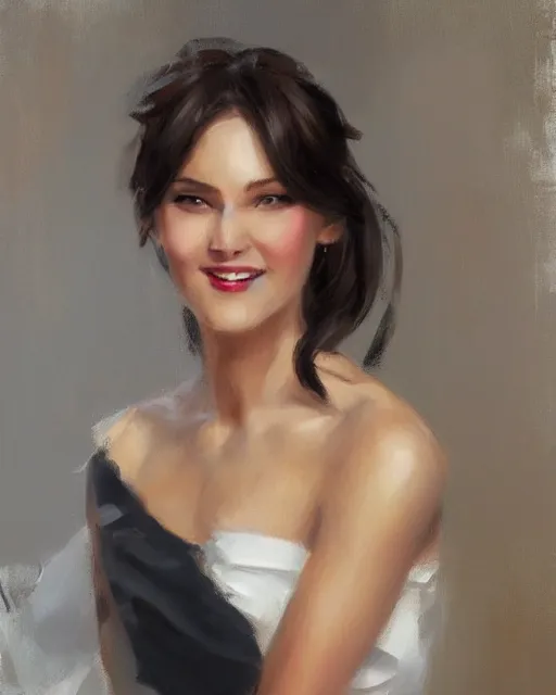 Prompt: a fine art painting of an elegant sly smiling woman by richard s. johnson, instagram, deviantart, figurative art, fine art, oil on canvas