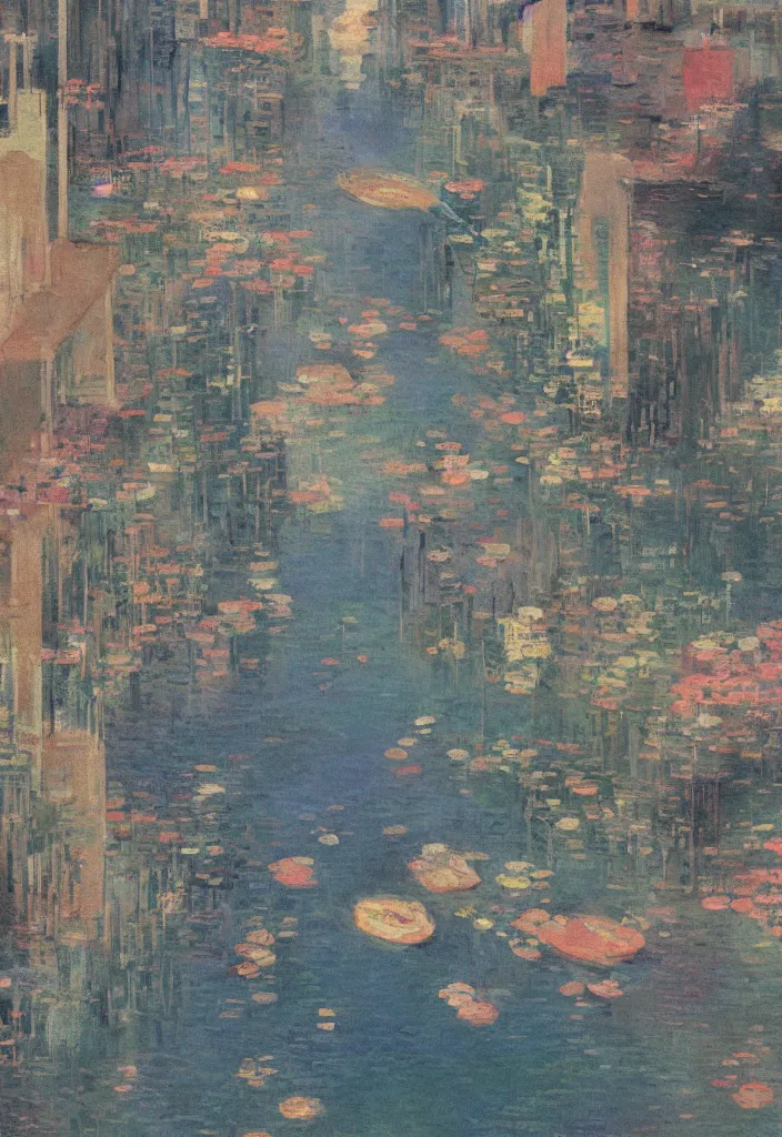 Image similar to a beautiful japanese city near the sea, ryokans and edo era houses, abstract fishes flying all around, cyberpunk, lofi vibe, oil painting in impressionist style, by monet, by makoto shinkai, multiple brush strokes, inspired by ghibli, masterpiece