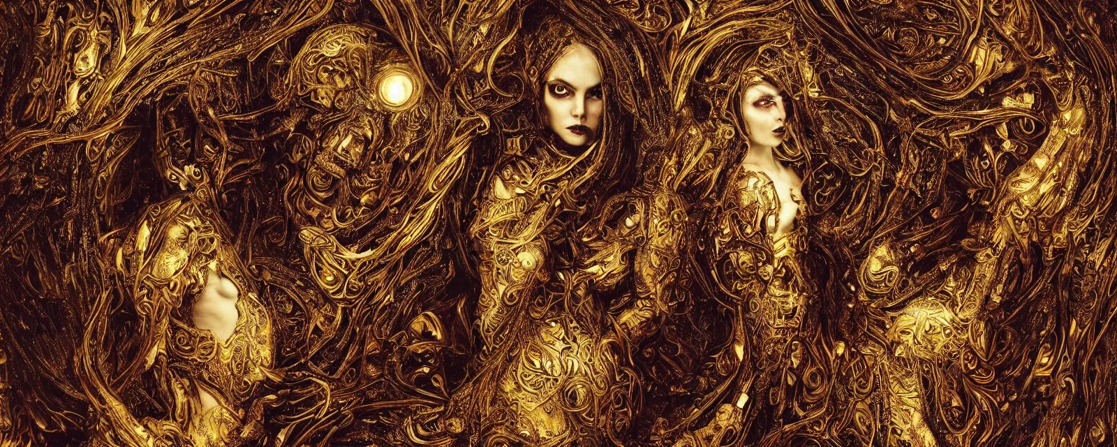 Prompt: intricate, young, beautiful, woman, demon with red light eyes, Symmetrical face, insanely detailed, fractal patterns, robot neck, ethereal, golden ratio, hypermaximalist, elegant, ornate, luxury, elite, horror, creepy, ominous, wearing space suit with gold jewellery, moon behind her, cinematic by Tsutomu Nihei by Emil Melmoth, Gustave Dore, Craig Mullins, yoji shinkawa, Luis Royo, skulls, artstation, pete morbacher, hyper detailed, high detail, artstation, rendering by octane, Unreal Engine, vray, 4k, super wide angle