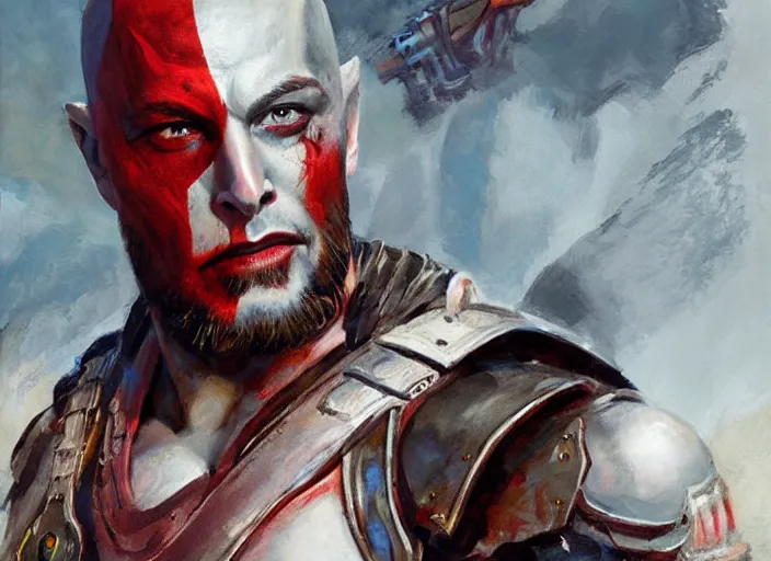 Image similar to a highly detailed beautiful portrait of elon musk as kratos, by gregory manchess, james gurney, james jean