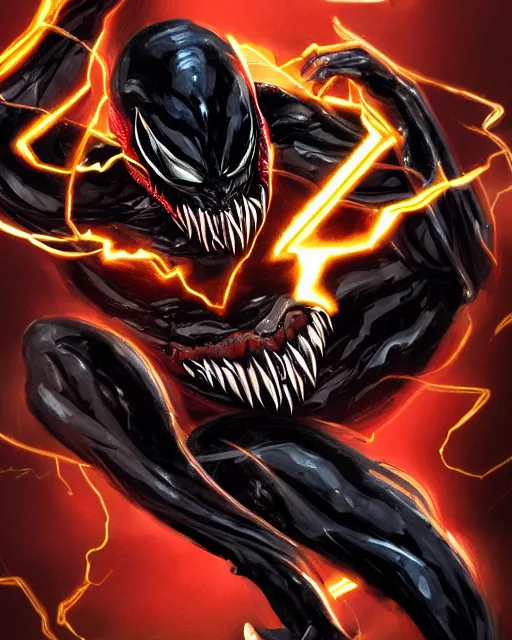 Image similar to venom as the flash, dynamic lighting, fantasy concept art, trending on art station, stunning visuals, creative, cinematic, ultra detailed, comic strip style