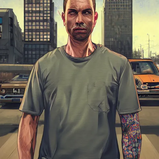 Image similar to andrew tate as a character on a GTA loading screen, au naturel, hyper detailed, digital art, trending in artstation, cinematic lighting, studio quality, smooth render, unreal engine 5 rendered, octane rendered, art style by klimt and nixeu and ian sprigger and wlop and krenz cushart