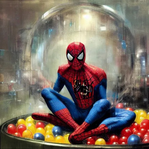 Image similar to portrait of an emotional spiderman sitting in a ball pit, by jeremy mann, peter elson.