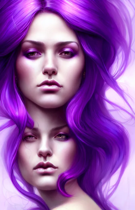 Prompt: Purple hair relistic macro Portrait of a woman with bright colored flying hair, all shades of purple. Beauty face, Hair coloring, fantasy, intricate, elegant, highly detailed, digital painting, artstation, concept art, smooth, sharp focus, illustration, art by artgerm and greg rutkowski and alphonse mucha