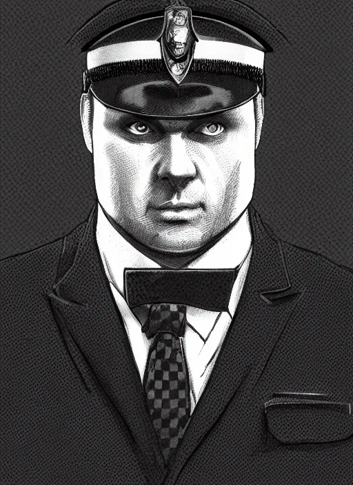 Image similar to a highly detailed illustration of 3 3 year - old clean - shaven chubby white man from uk wearing black police sweater with necktie and police helmet, heroic pose, black and white checker background, intricate, elegant, highly detailed, centered, digital painting, artstation, concept art, smooth, sharp focus, league of legends concept art, wlop.