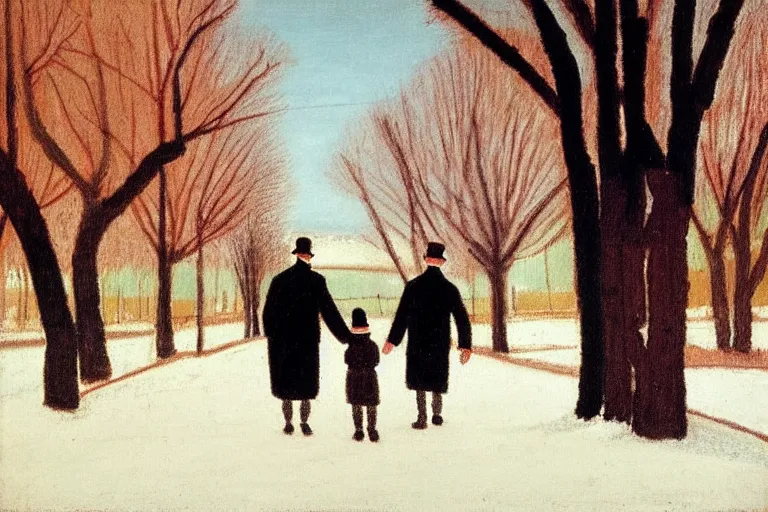 Image similar to a very tall man named John with dark hair holding the hands of a short young boy named Alex with dark hair as they walk in a park on a bright beautiful winter day. part in the style of an edgar degas painting. part in the style of david hockney