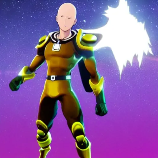 Image similar to one punch man in fortnite, character render, full body shot, highly detailed, in game render