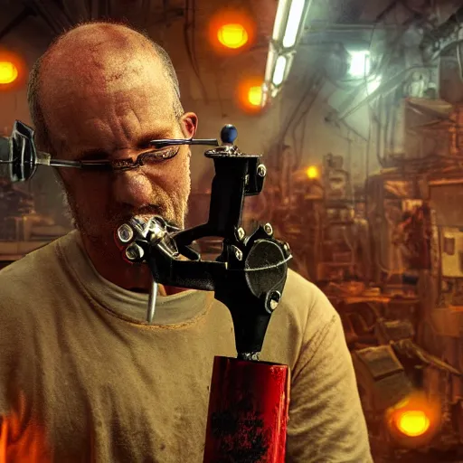 Image similar to half rusted old egg beater half stun - gun, balding older cyborg repairing, red hot soldering iron, dark messy smoke - filled cluttered workshop, dark, dramatic lighting, orange tint, cinematic, highly detailed, sci - fi, futuristic, movie still from blade runner