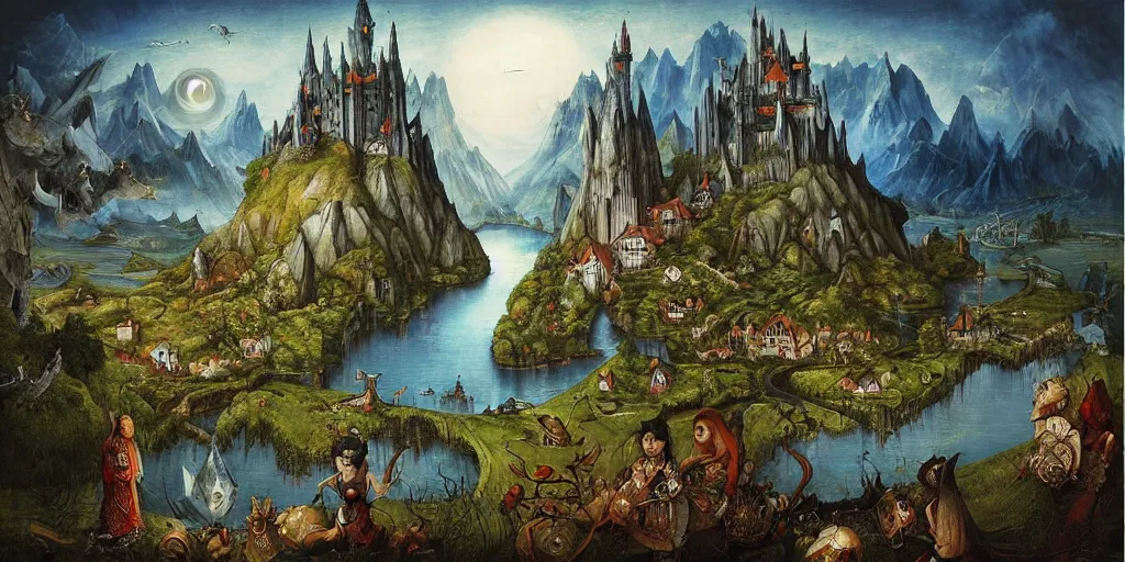 Prompt: beautiful Veduta painting gothic painting of a lively scenic rpg map with lakes, forests, mountain ranges, castles, rivers, hills, villages, flying dragons, surrounded by snowy mountains, by Esao Andrews and Peter Gric and Hieronymus Bosch and De Es Schwertzberger and Anka Zhuravleva