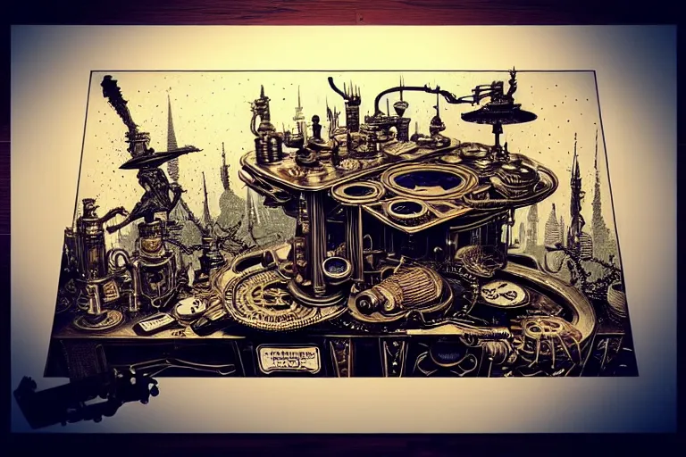 Prompt: majestic steampunk table, furniture, high details, bold line art, by vincent di fate and joe fenton, inking, etching, screen print, masterpiece, trending on artstation, sharp, high contrast, hyper - detailed,, hd, 4 k, 8 k