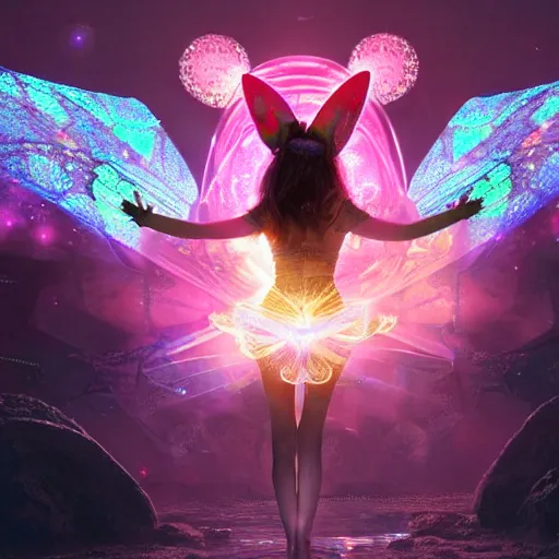 Prompt: a girl like yoona, in a glowing skirt, wearing cybernetic bunny ears, casting fire spell in shape of a butterfly, in the middle of round ruins, background cyberpunk spaceship, full shot, photo, geometries, Fibonacci volumetric lighting, epic composition, intricate details, dark neon punk, by denis villeneuve , Greg Rutkowski and Alphonse Mucha