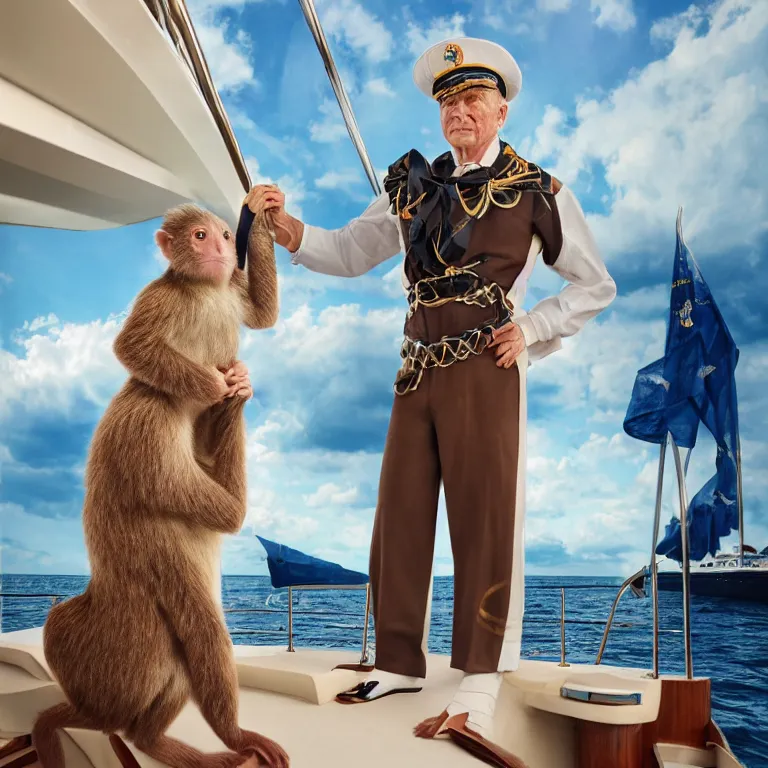 Image similar to high fashion photoshoot octane render portrait by wayne barlow and carlo crivelli and glenn fabry, a distinguished sea captain wearing a colorful uniform and holding a small monkey while standing on a beautiful high - end white and wood yacht, very short depth of field, bokeh