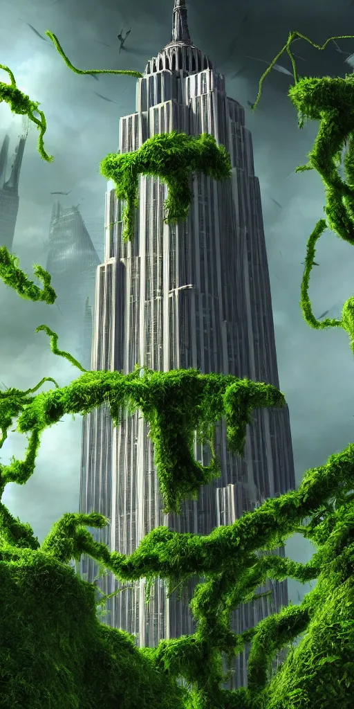 Prompt: an epic view of the ecotopic empire state building covered in vines and moss, jungle, with pterosaurs flying, close - up, low angle, wide angle, atmospheric, volumetric lighting, cinematic, 8 k, octane render, unreal engine, very realistic, highly detailed digital art, painted by tyler edlin