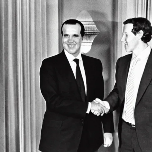 Image similar to photo of richard nixon shaking hands with mark zuckerberg