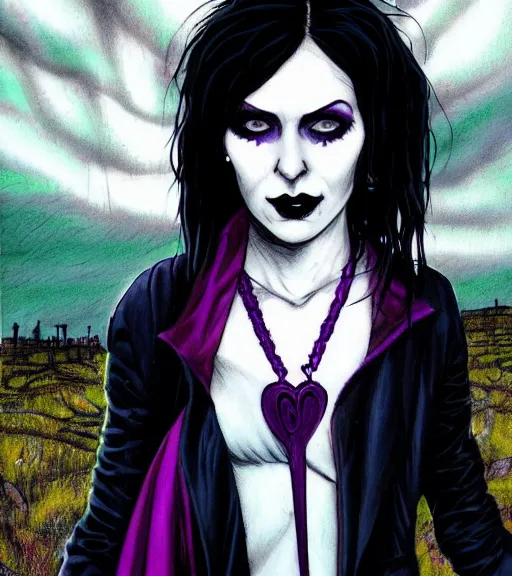 Image similar to A portrait of the character, Death, a young Goth girl wearing a black vest, Vertigo Comics, The Sandman written by Neil Gaiman, against a stormy purple sky