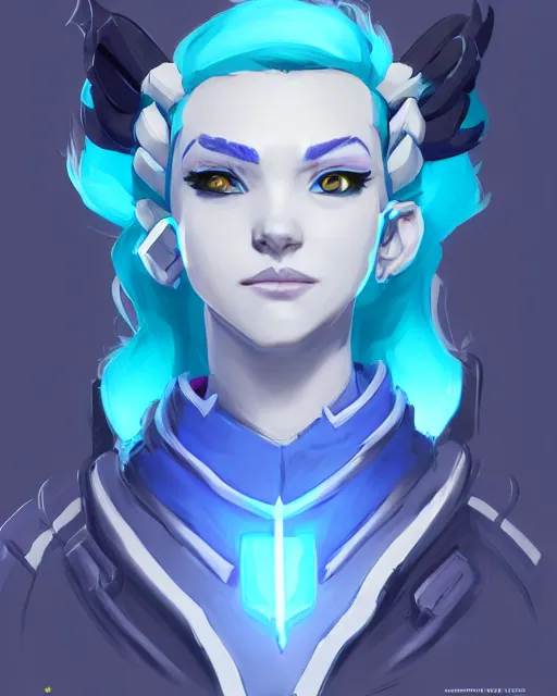 Image similar to overwatch concept art character portrait of a new character who is a wizard with blue hair, trending on artstation, cgsociety,