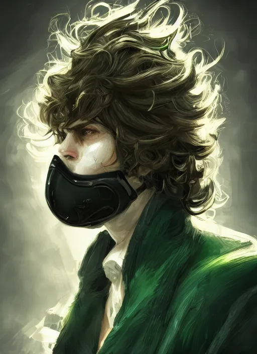 Prompt: a highly detailed illustration of young thick wavy messy haired guy wearing mechanical green face mask and brown noir coat, dramatic bored expression, intricate, elegant, highly detailed, centered, digital painting, artstation, concept art, smooth, sharp focus, league of legends concept art, wlop