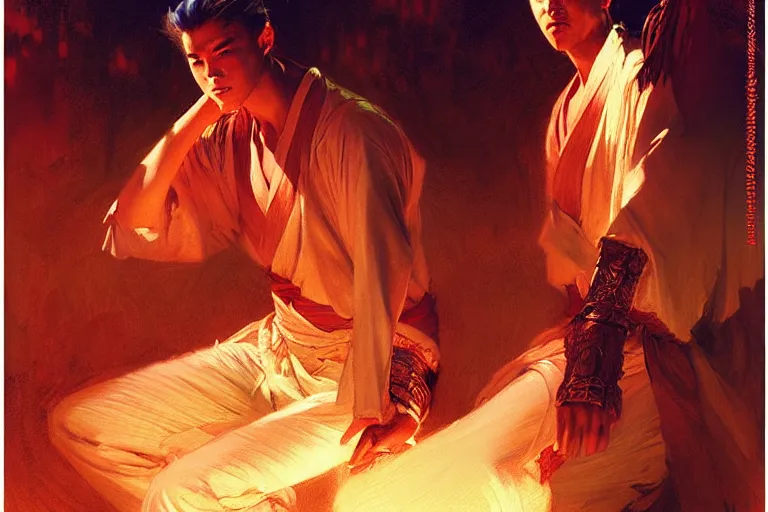 Image similar to wuxia, summer, attractive male, neon light, painting by gaston bussiere, craig mullins, j. c. leyendecker